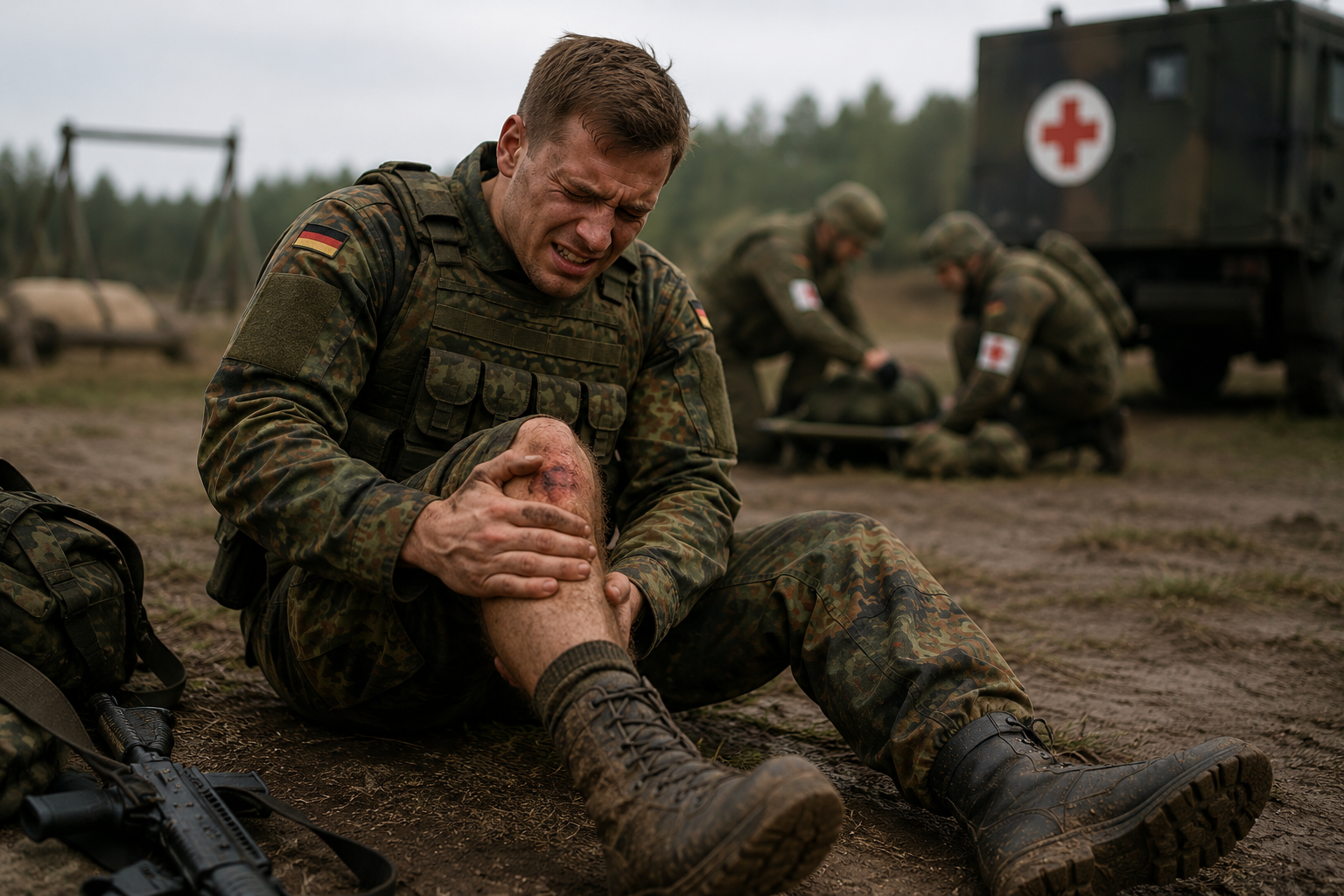 Soldat mit Knieverletzung nach einem Dienstunfall